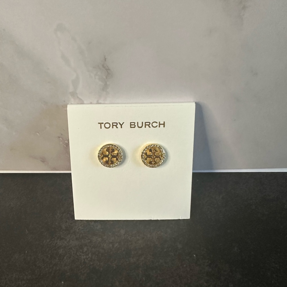 Tory Burch Gold Logo Stud Earrings with Crystal Halo – NEW